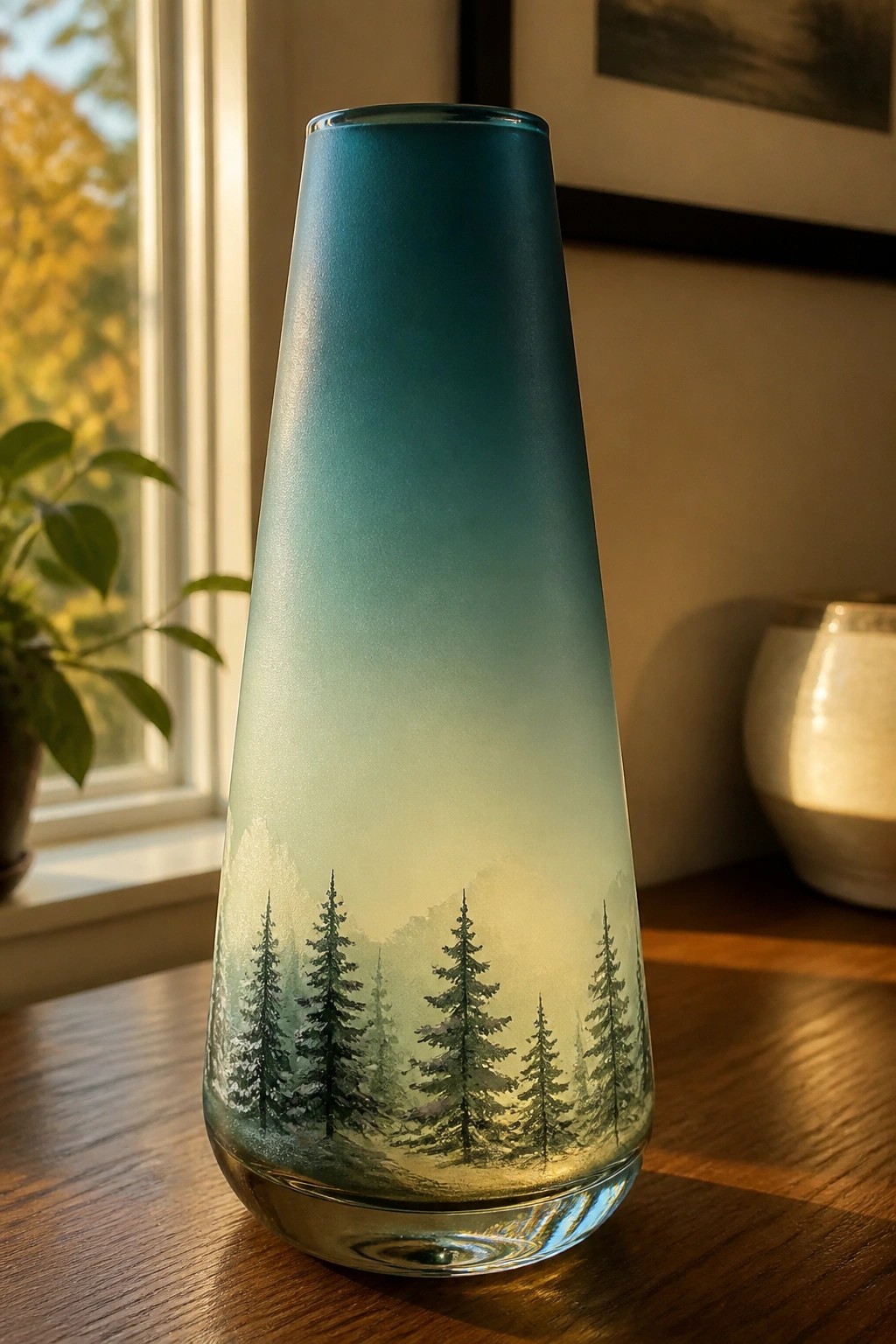 Tall tapered frosted vase with blue-green gradient and misty pine forest scene
