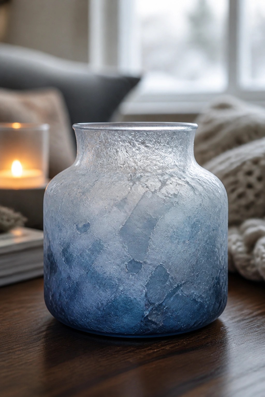 Blue crackled glass vase on wooden table with lit candle nearby