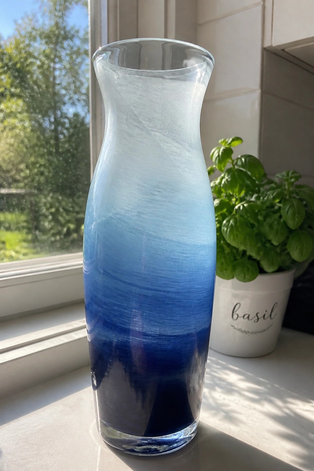 Blue gradient glass vase on windowsill beside potted basil plant