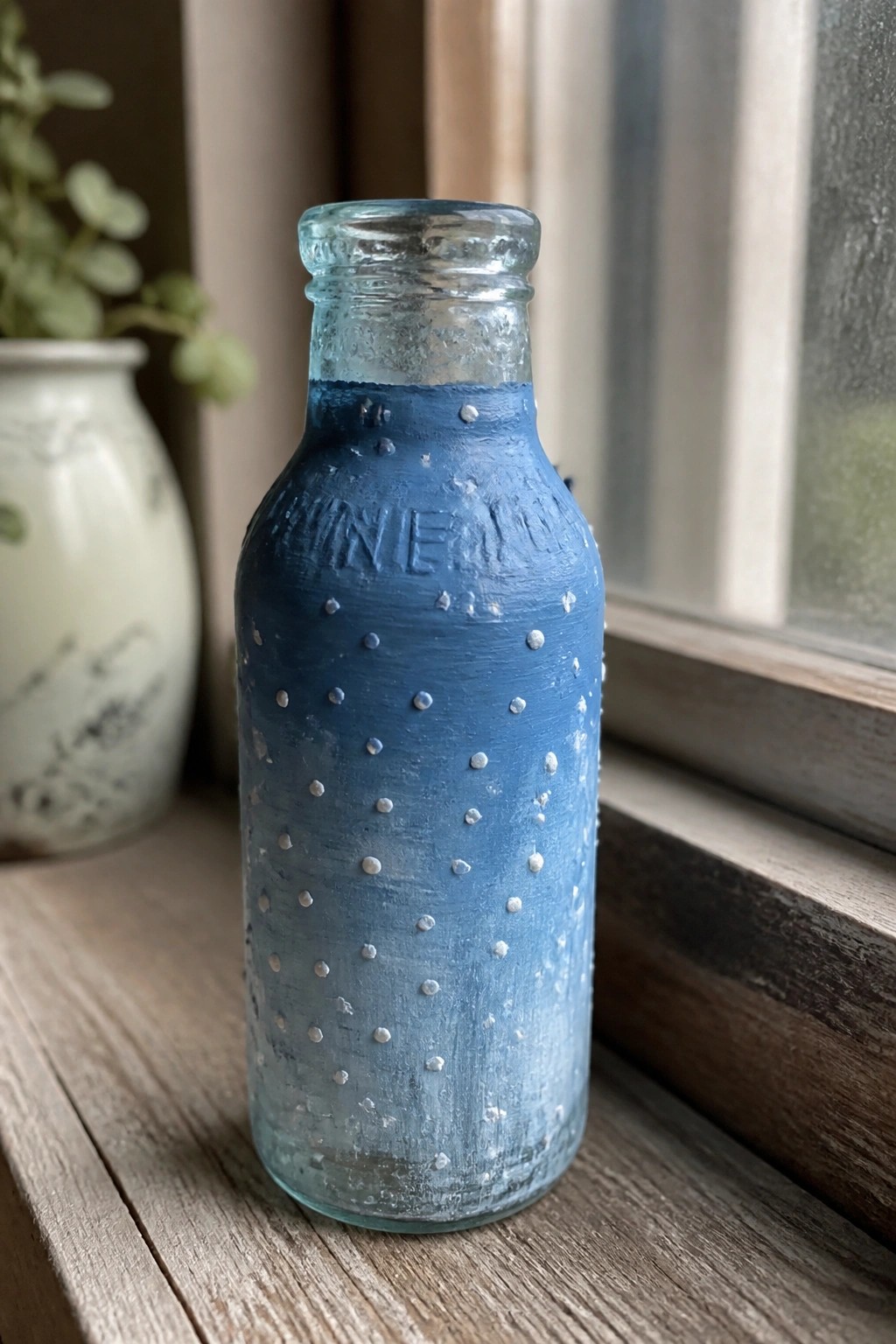Blue painted glass bottle with white dots on wooden windowsill near vase