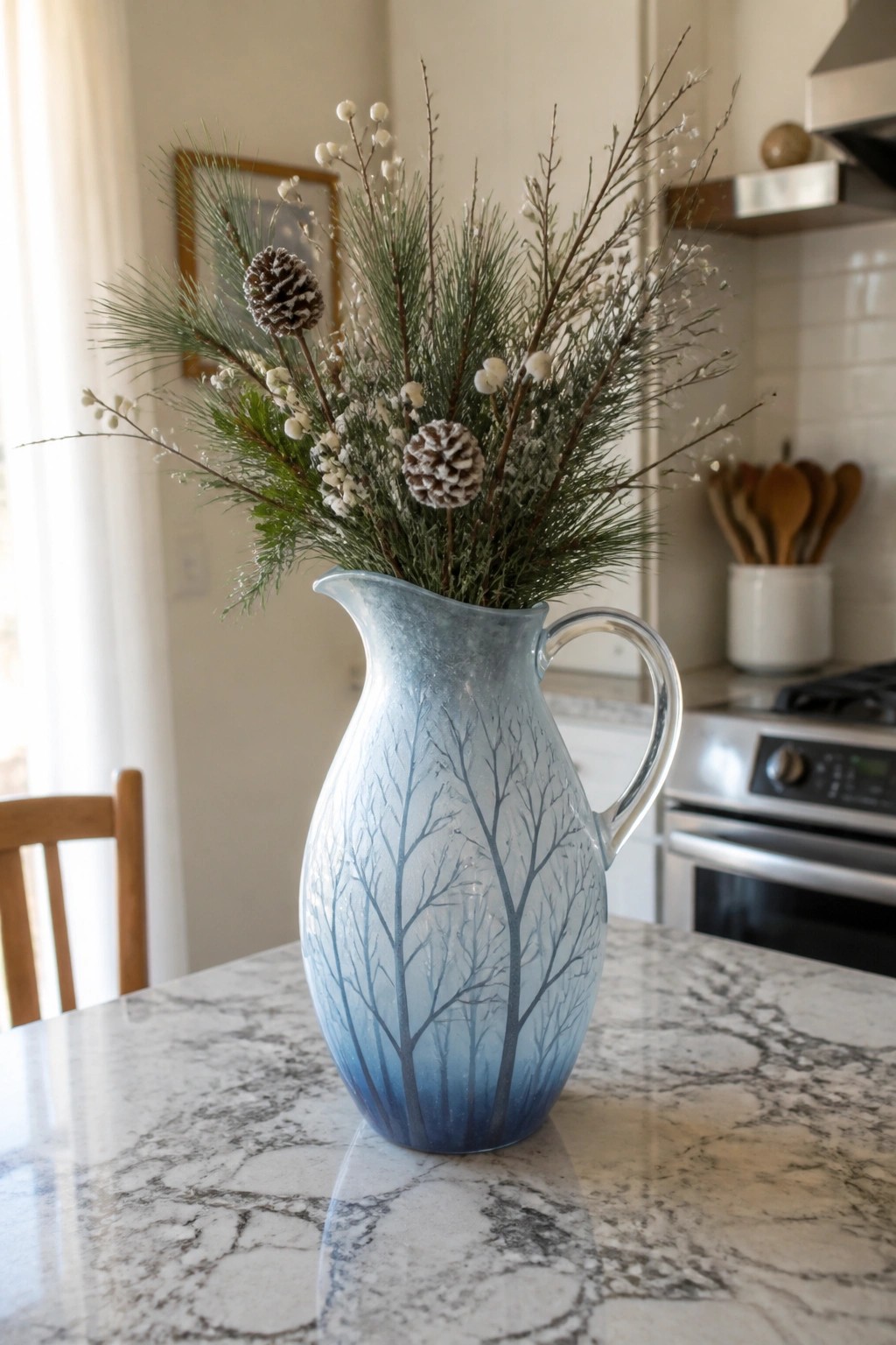 Blue pitcher with tree design holding snowy pine branches and cones on marble counter