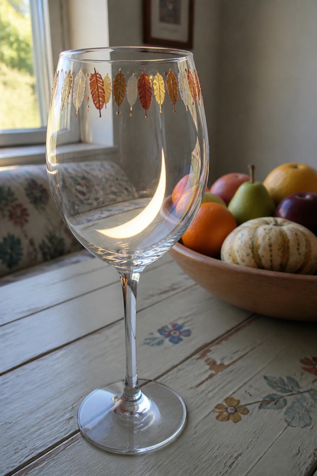 Elegant wine glass with autumn leaf pattern on wooden table near fruit bowl
