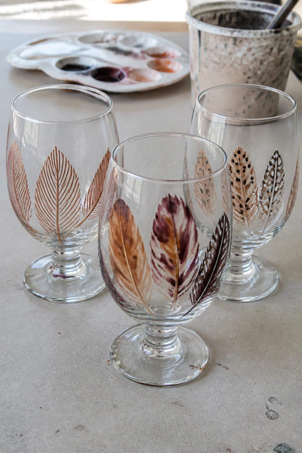 Three stemware glasses with hand-painted feather designs beside art supplies.