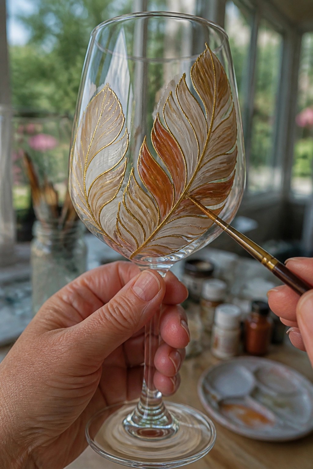 Hands painting gold-outlined feathers in brown and white on wine glass
