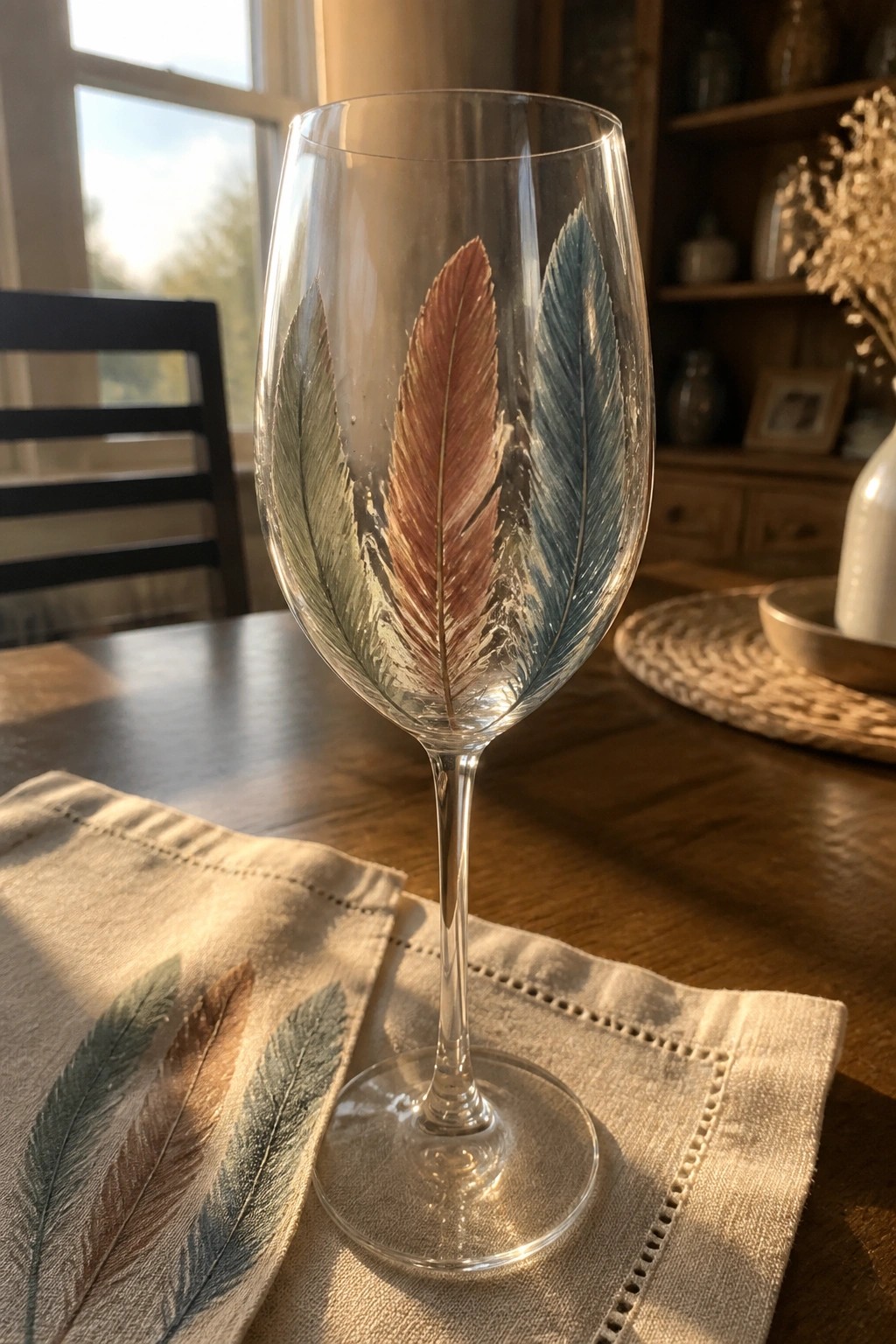 Wine glass with green, brown, and blue feather designs on matching napkin.