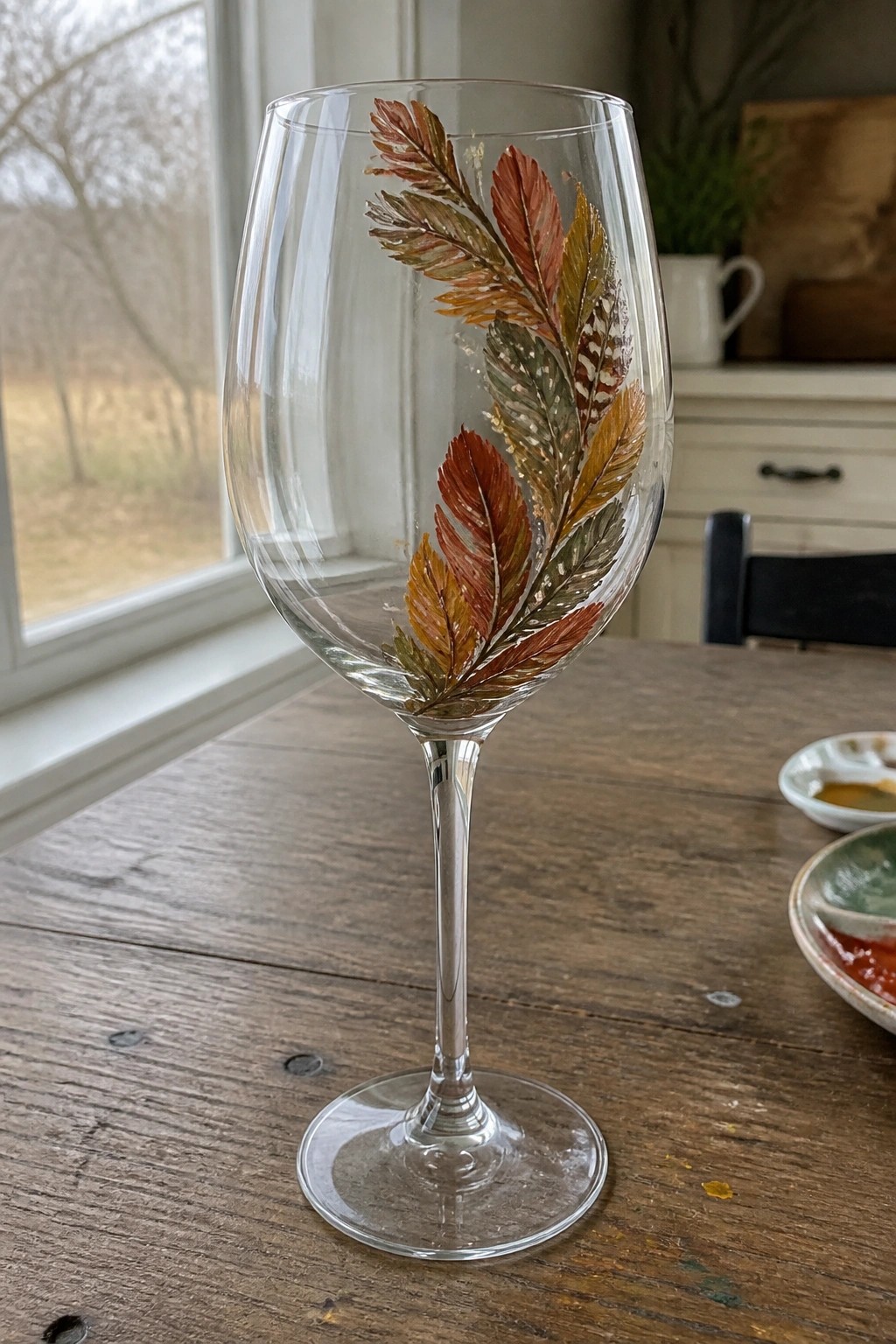 Wine glass adorned with autumn feather designs in red, orange, and green on wooden table