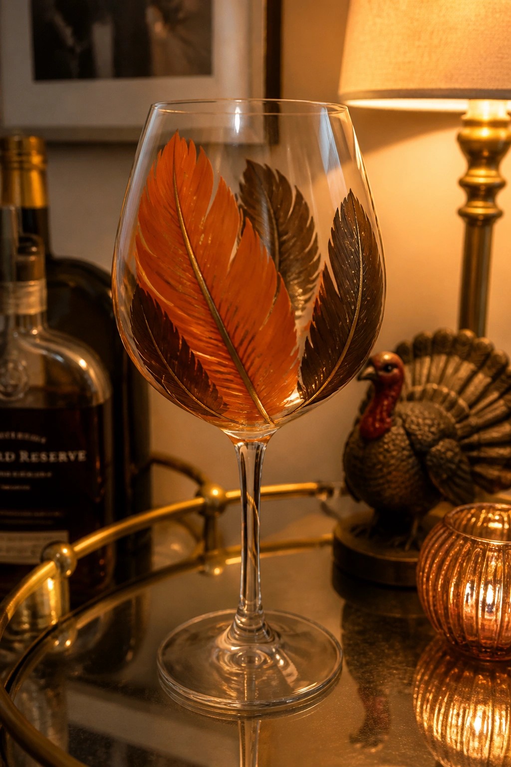 Wine glass with orange and brown feather designs beside turkey figurine on tray.