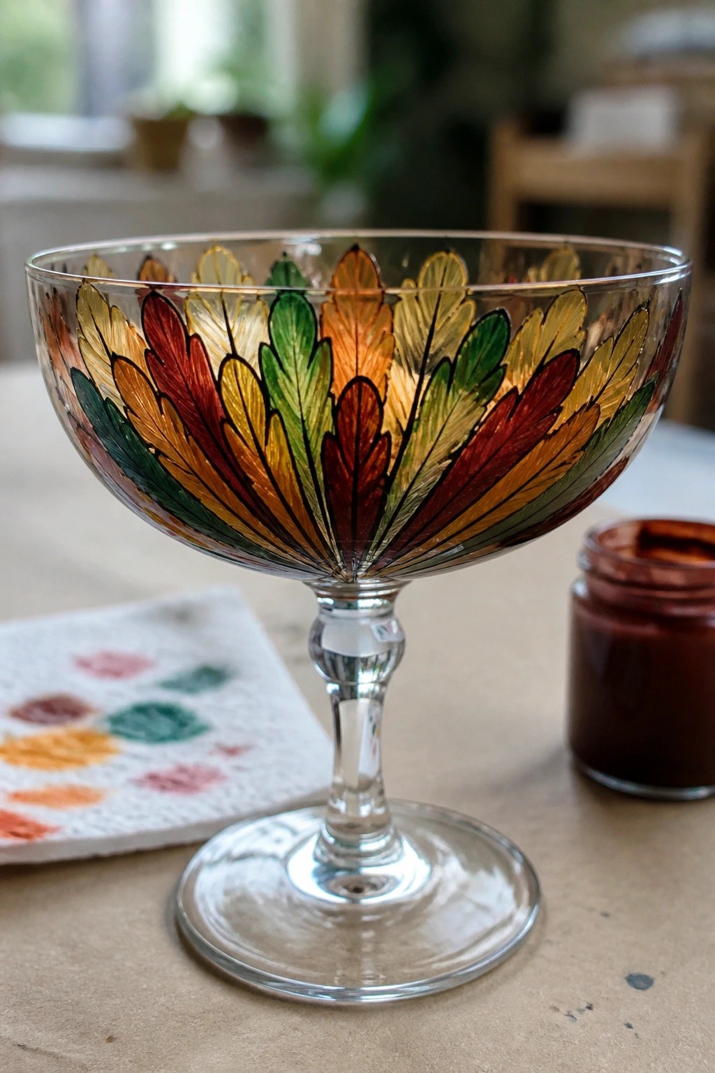 Colorful glass coupe with autumn feather pattern beside paint jar and swatches