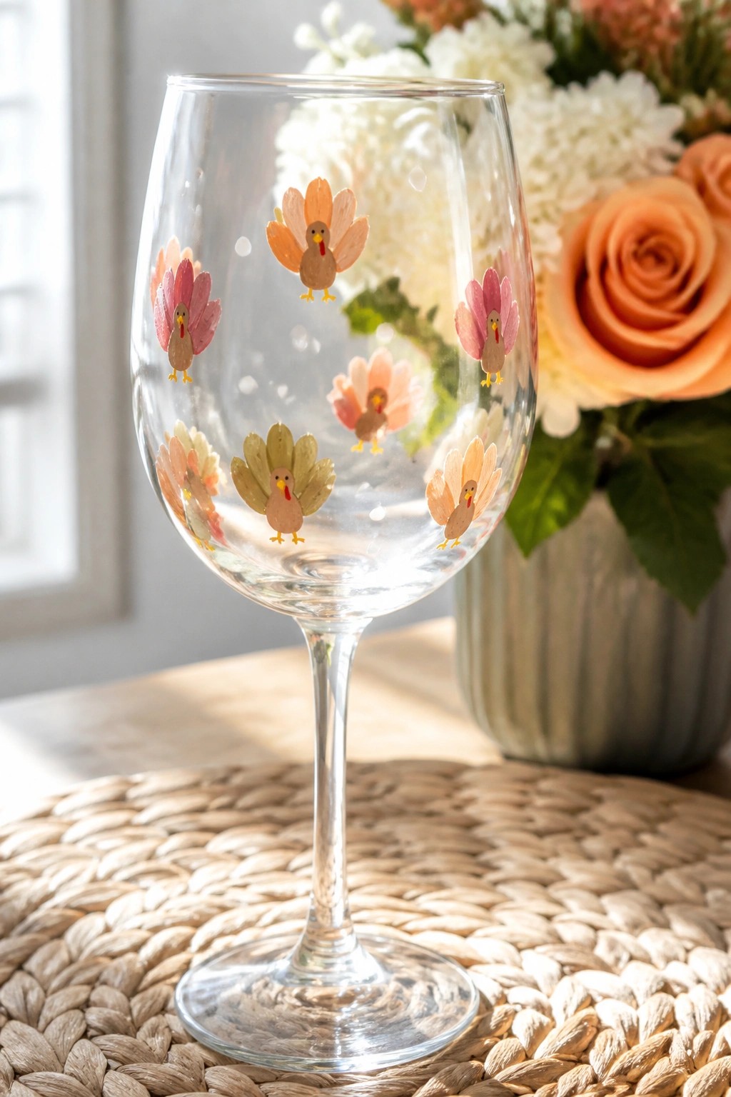 Clear wine glass with colorful turkey decals on woven placemat amid autumn flowers.