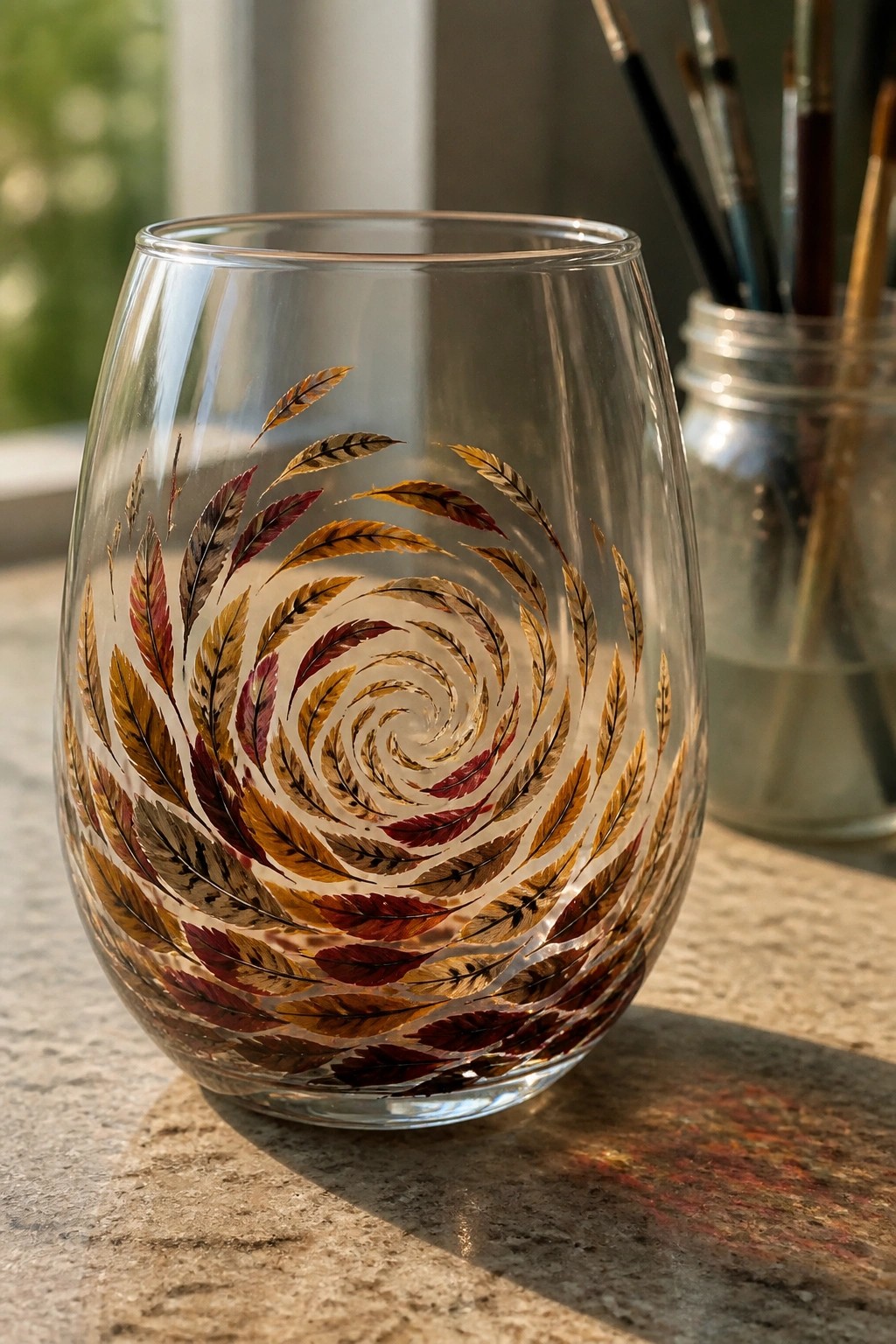 A clear stemless wine glass with a spiral pattern of painted turkey feathers in brown, gold, and red tones.