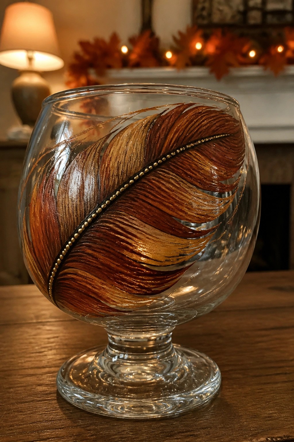 Clear glass goblet with large brown and gold painted feather design