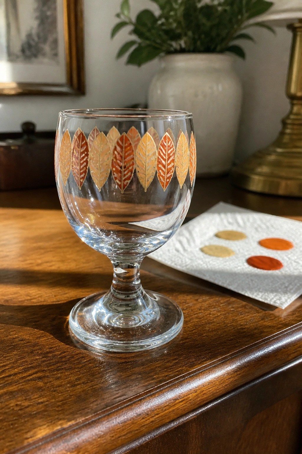 Stemmed glass goblet with red and orange leaf patterns beside paper towel on wood table
