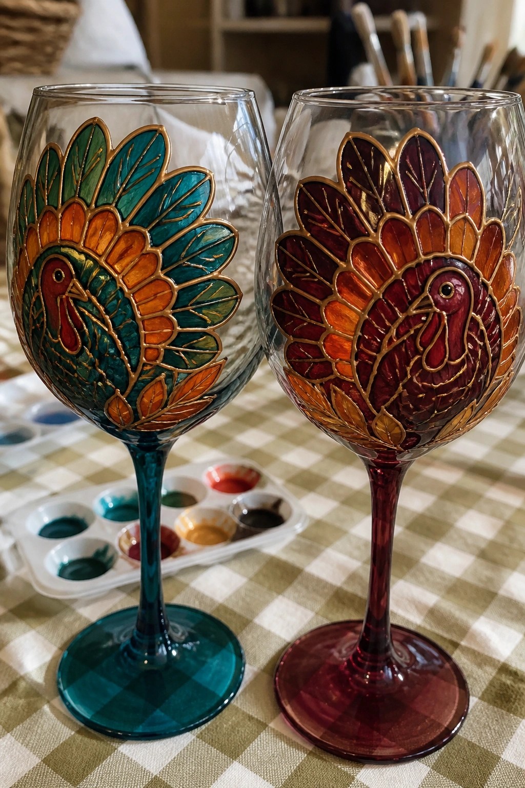 Two painted wine glasses with vibrant turkey designs on checkered tablecloth beside paint palette