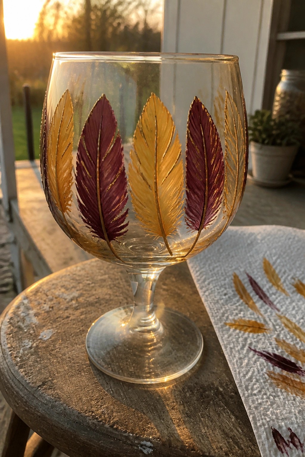 Stemmed glass goblet with yellow and maroon feathers beside printed cloth on wooden table