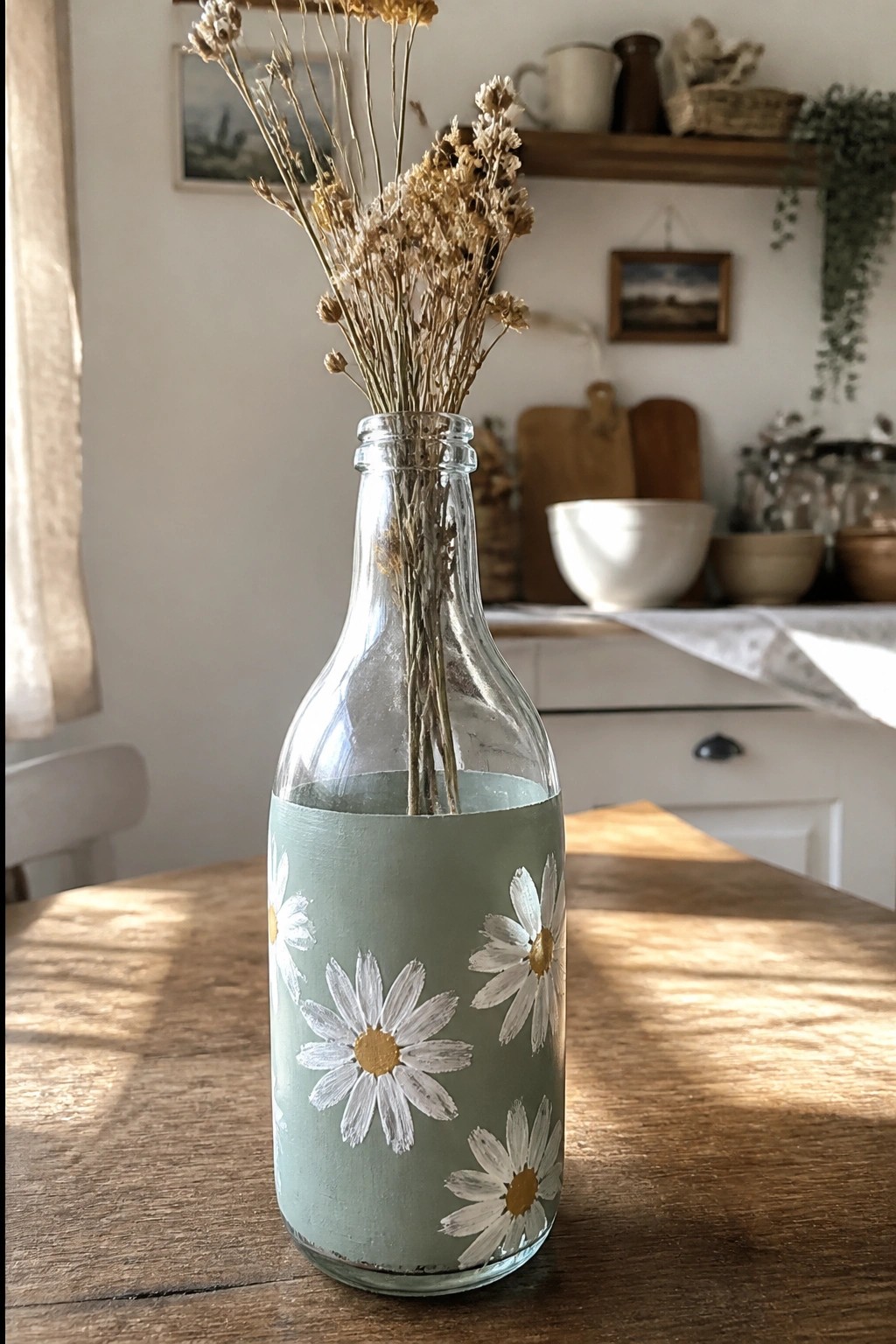 Sage green painted bottle with white daisies holding dried flowers on wooden table