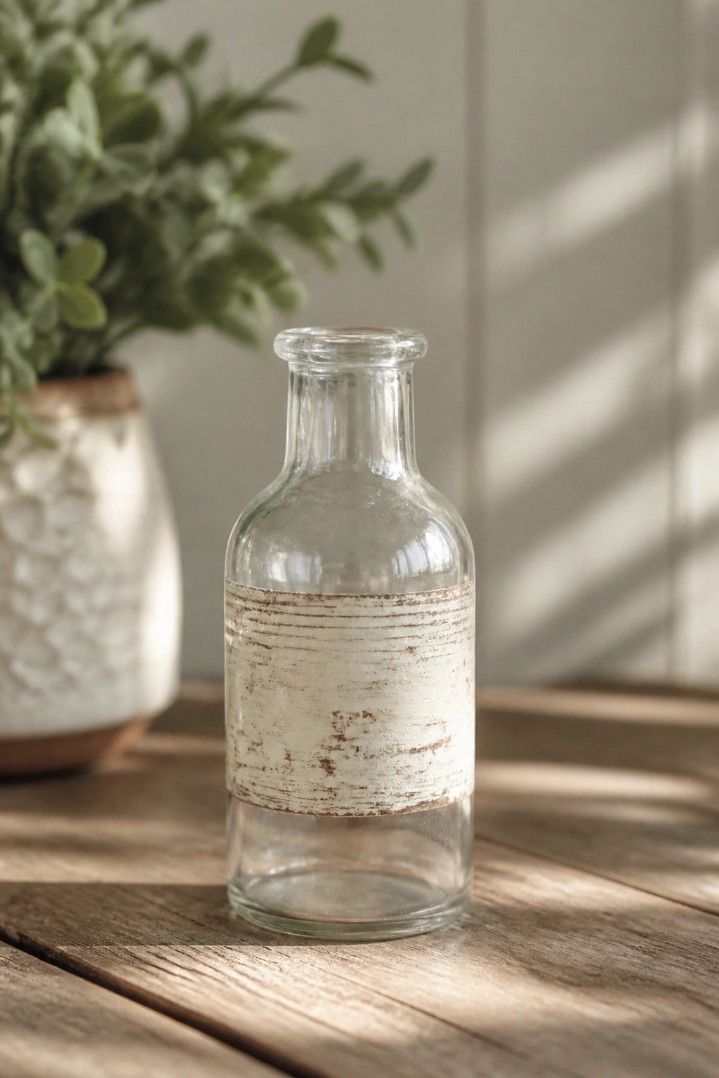 Clear glass bottle with peeling white label on wooden table near plant.