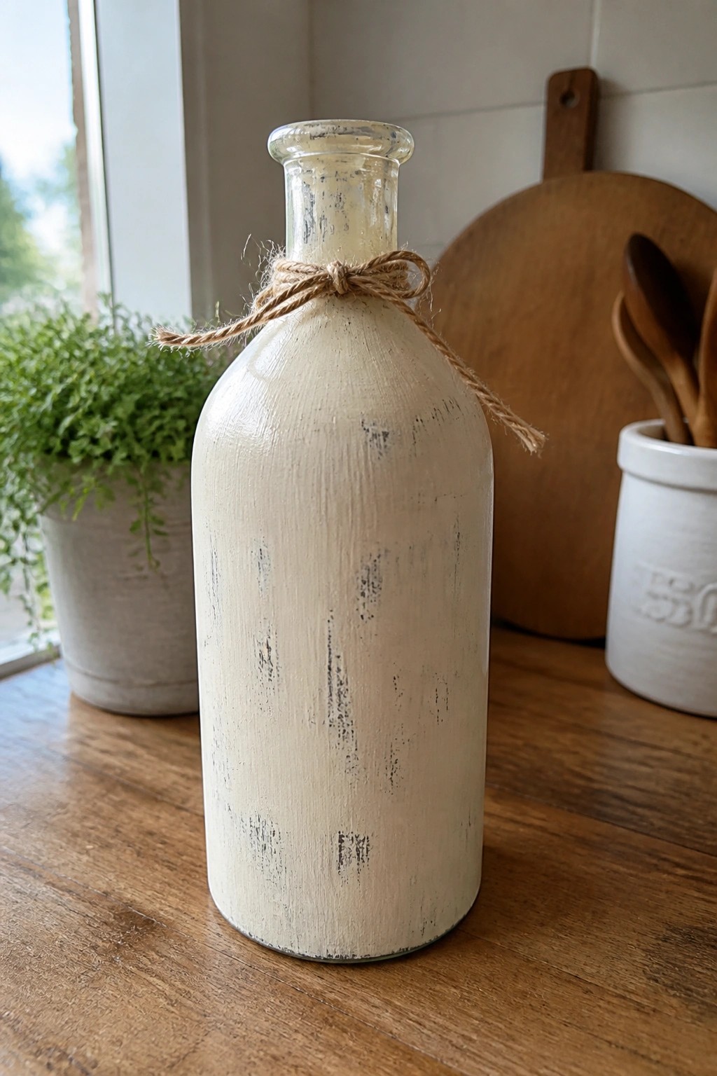 Distressed white painted glass bottle with twine around neck on wooden table