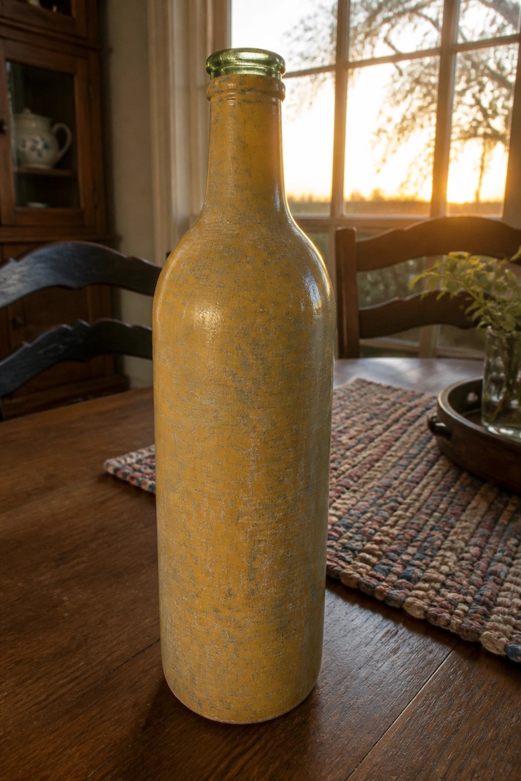 Weathered yellow glass bottle with green rim on wooden table by window.