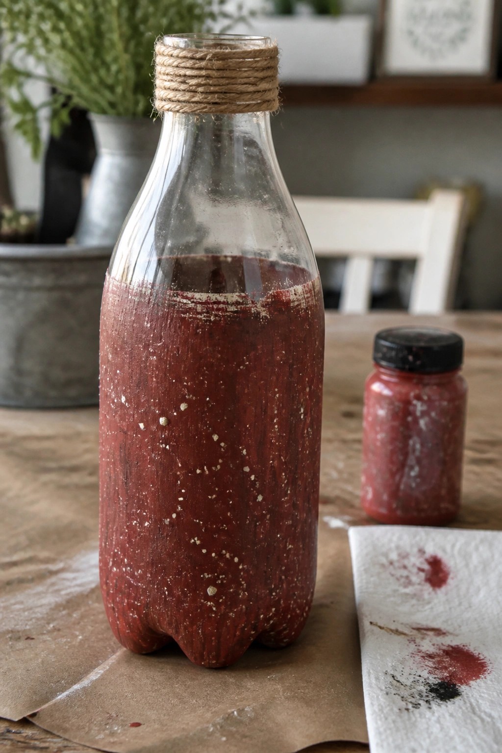 Distressed red-painted bottle with twine neck beside small jar and stained towel on table