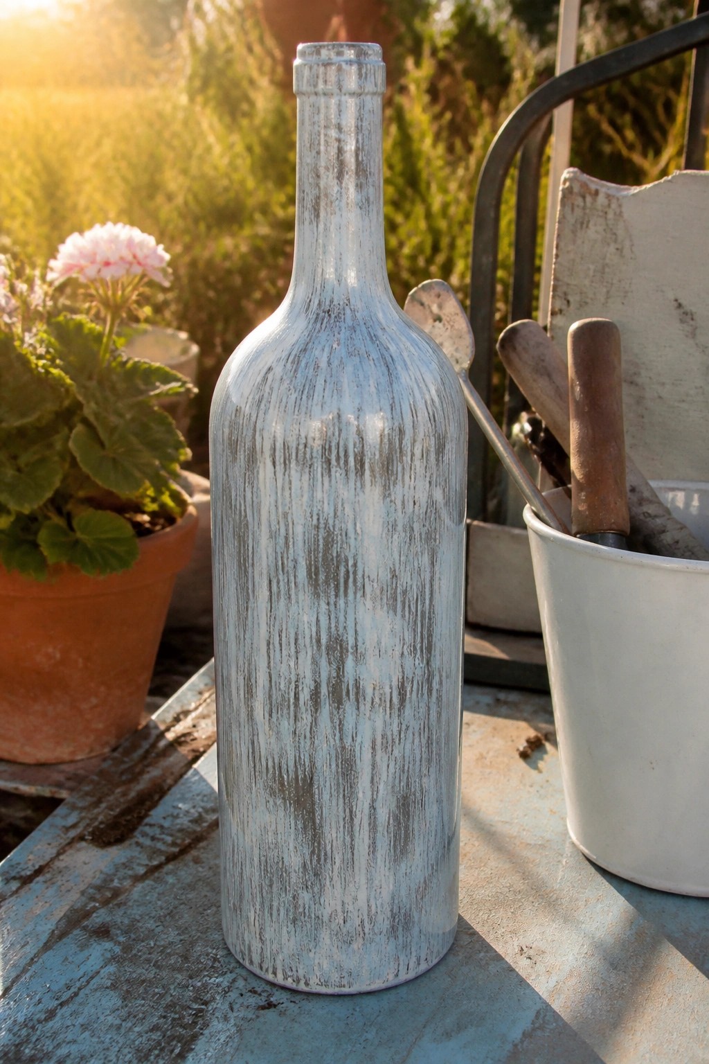 Weathered white-painted glass bottle on rustic table with garden tools and potted plant