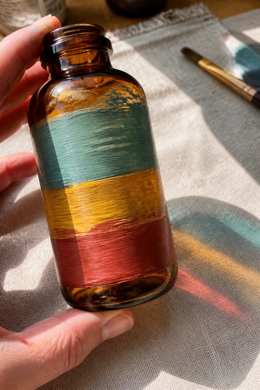 Hand holding brown bottle with horizontal teal, yellow, and red paint stripes