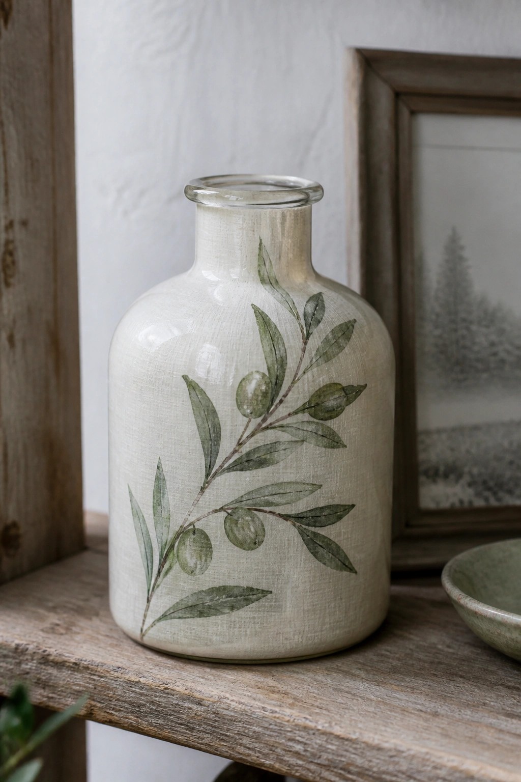 Ceramic vase with green olive branch design on rustic wooden shelf