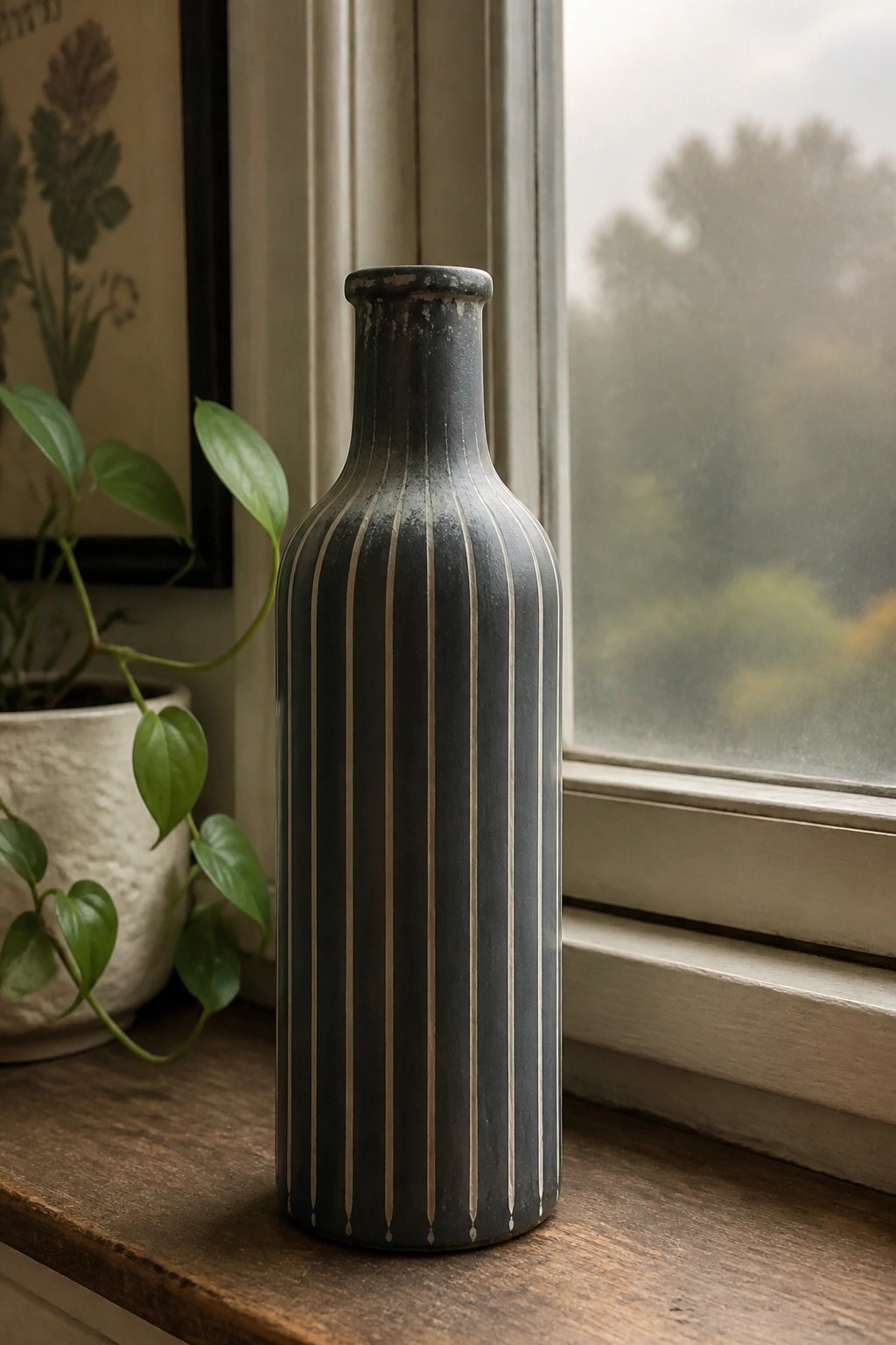 Dark gray striped bottle on wooden windowsill beside green plant and foggy window.