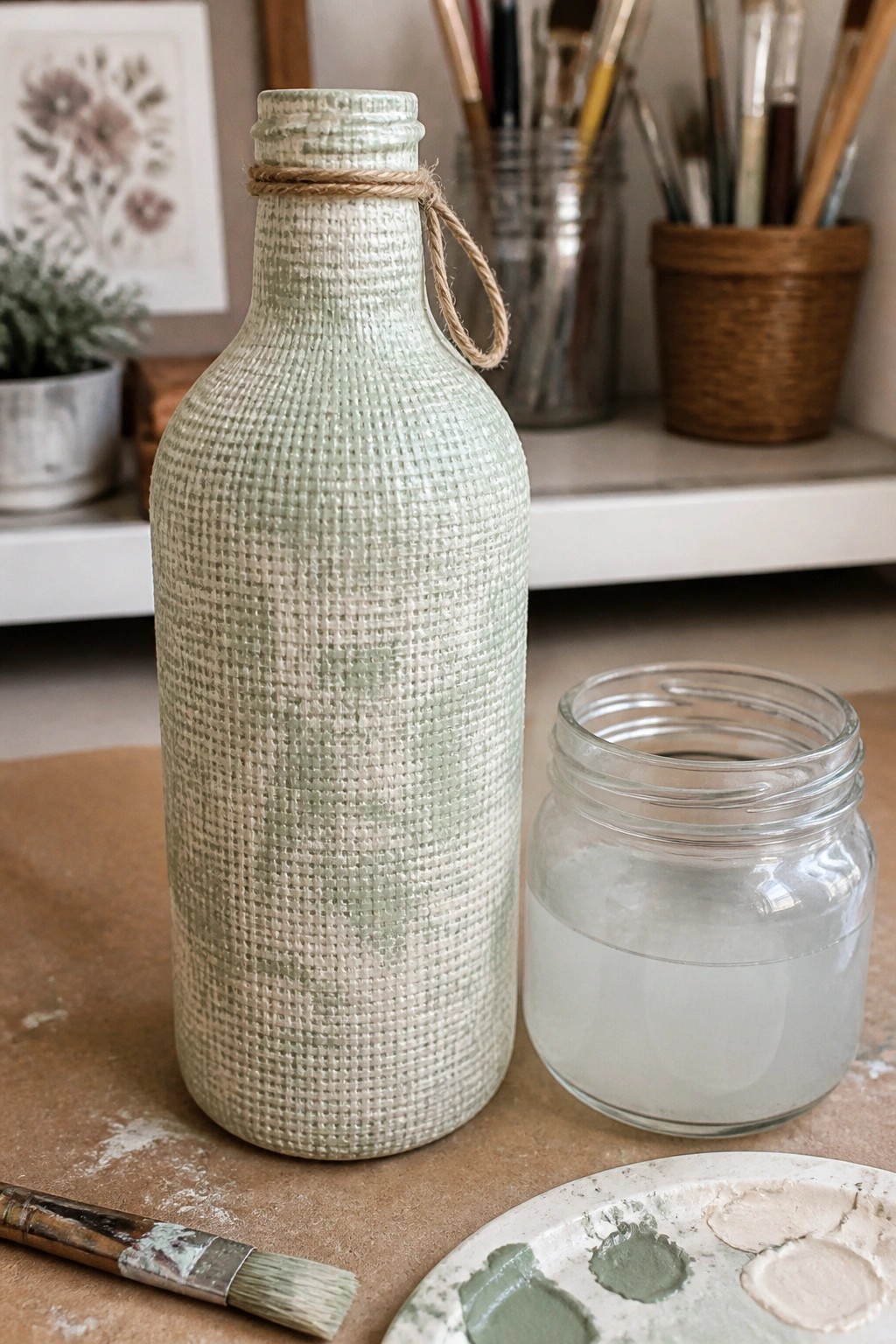 Textured sage green bottle with twine beside paint jar, palette, and brush on table