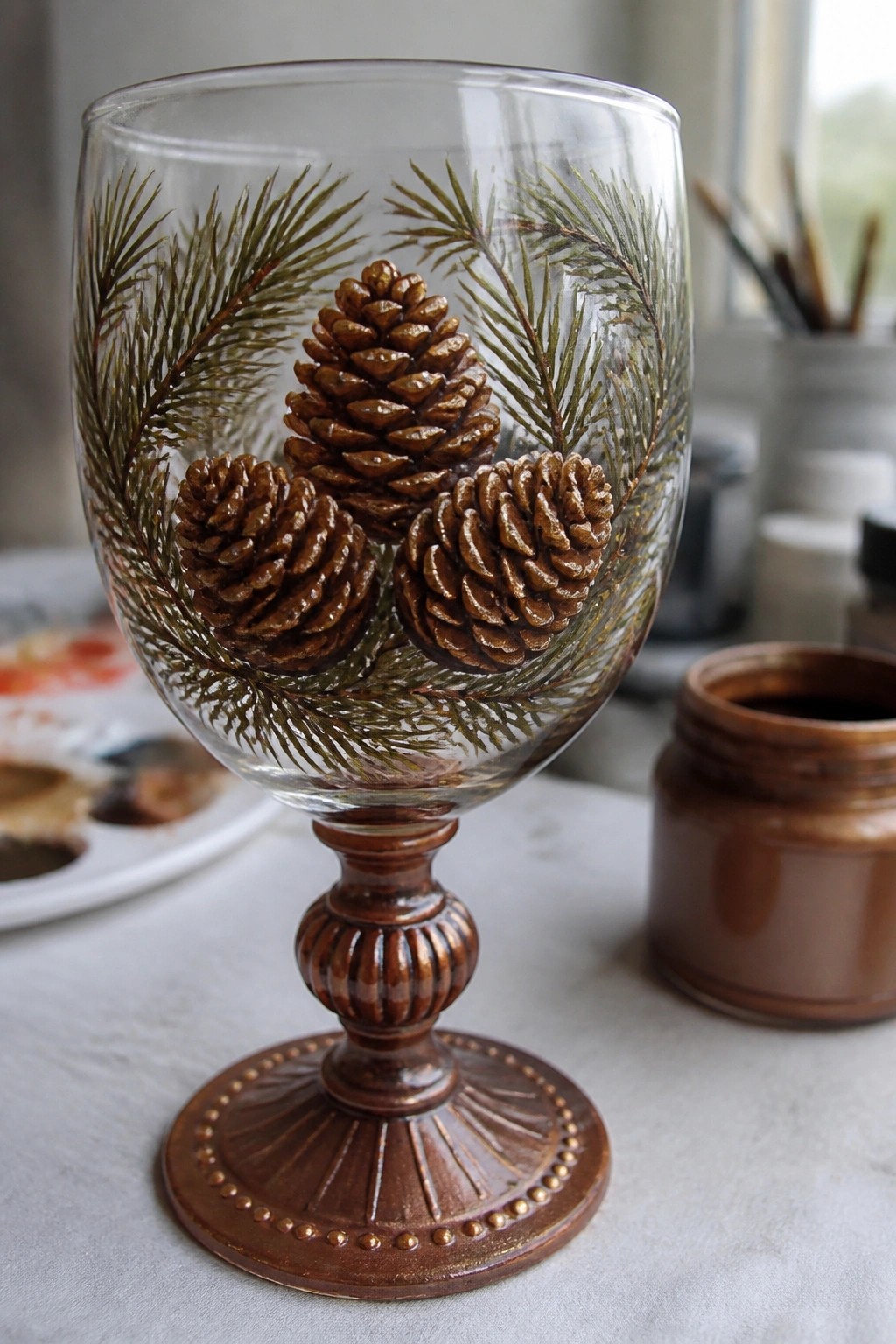Painted glass goblet with brown pinecones and green branches on ornate base