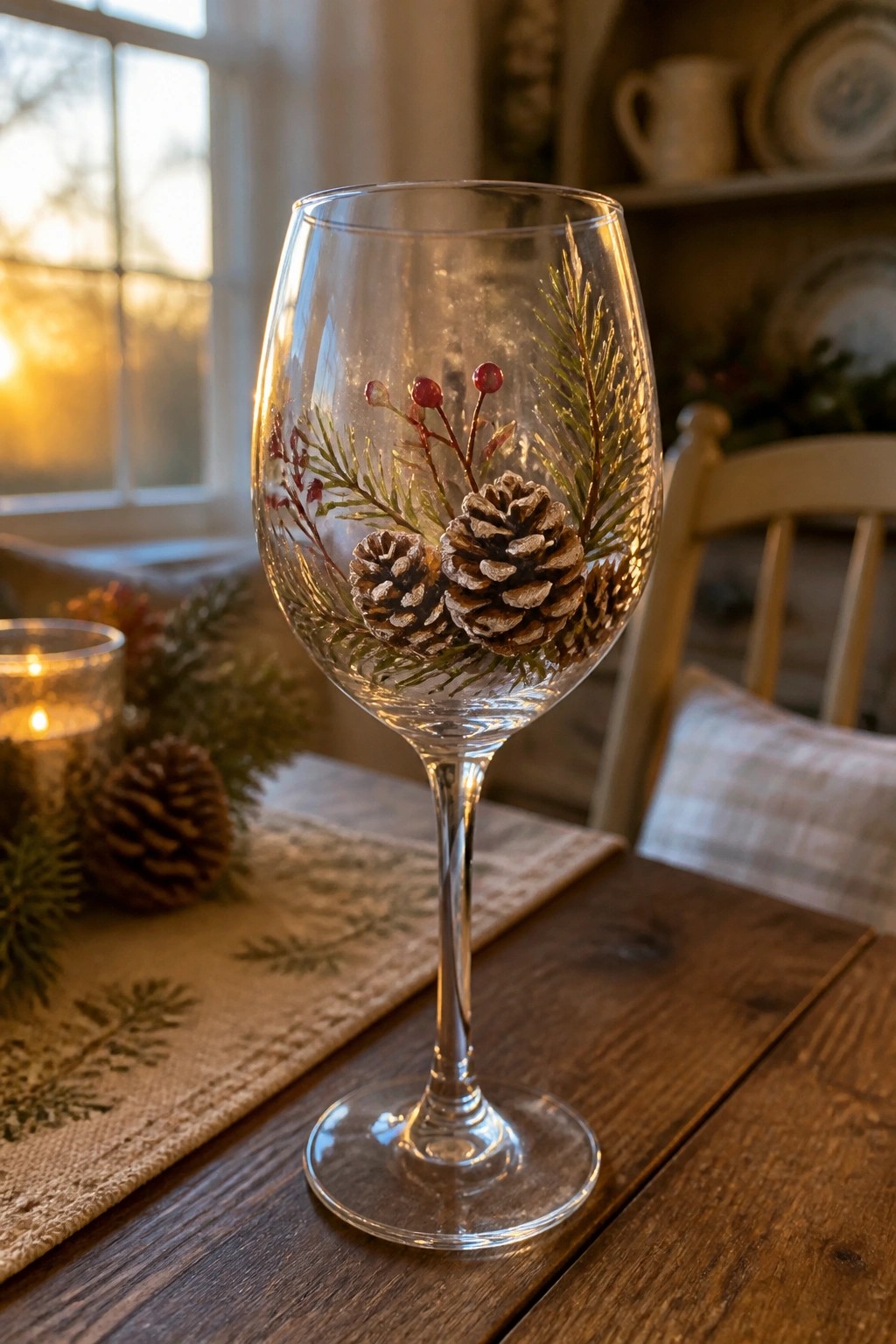 Wine glass decorated with pinecones, pine sprigs, and red berries on wooden table.