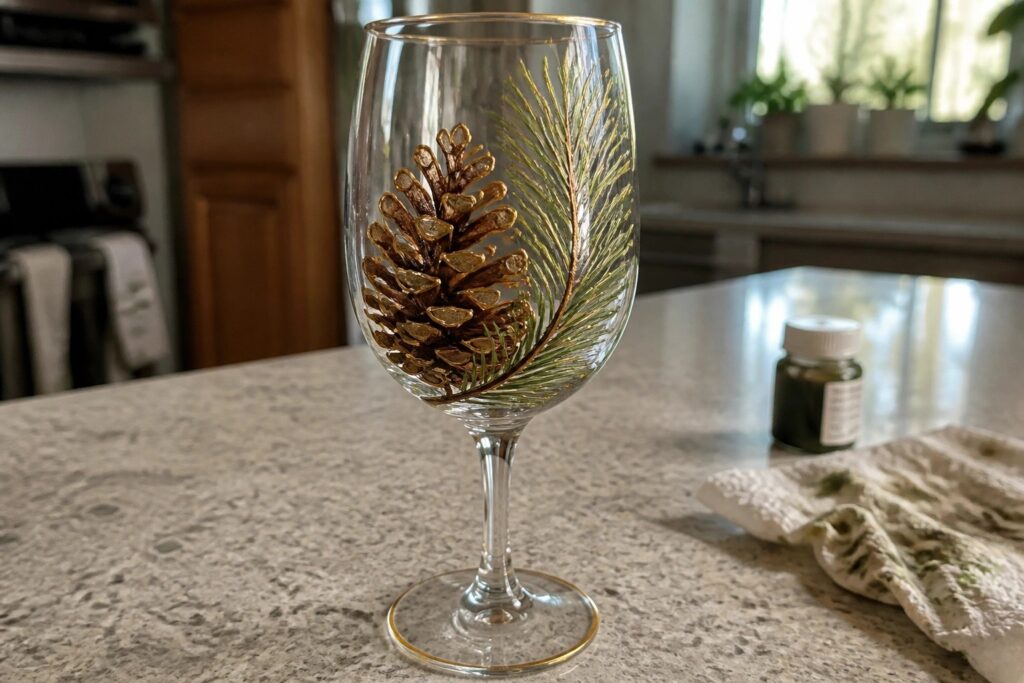 18 Rustic Pine Cone Wine Glass Painting Ideas Using Pine Branch Accents Decorated wine glass with brown pinecone and golden pine branch on countertop.