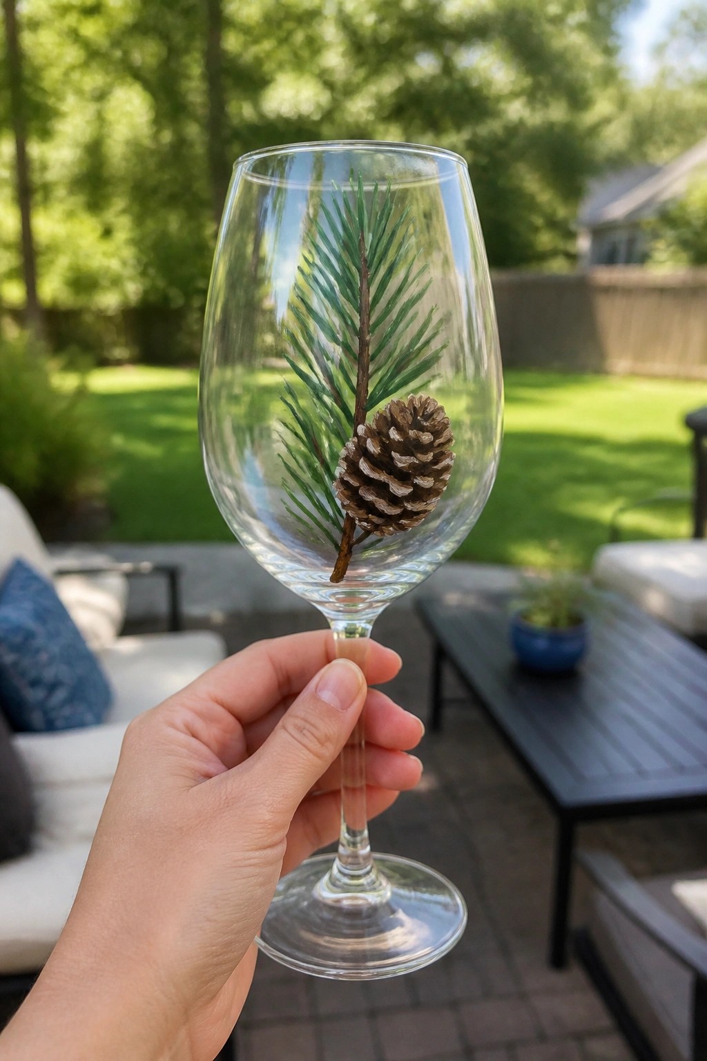 Hand holding wine glass painted with pine branch and pinecone in backyard