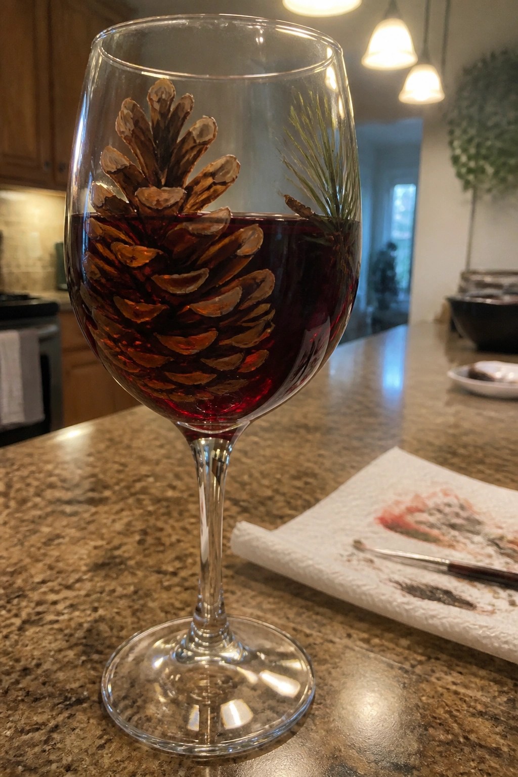 Wine glass with painted pinecone design filled with red wine on kitchen counter near paintbrush