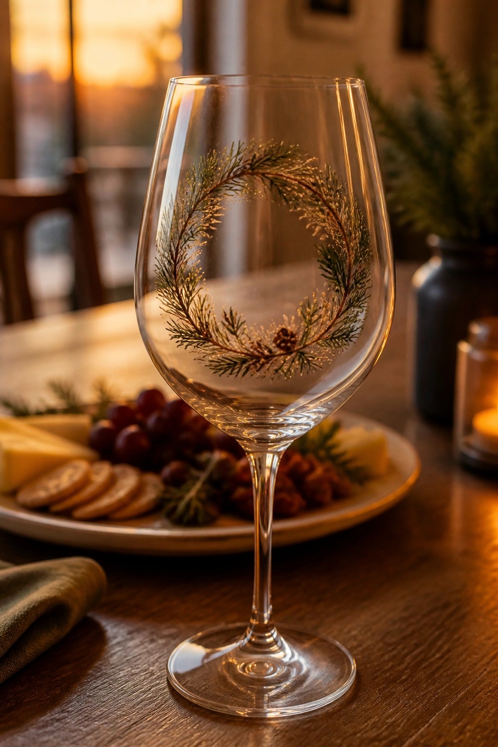 Wine glass with pine wreath design beside cheese and grape platter at sunset