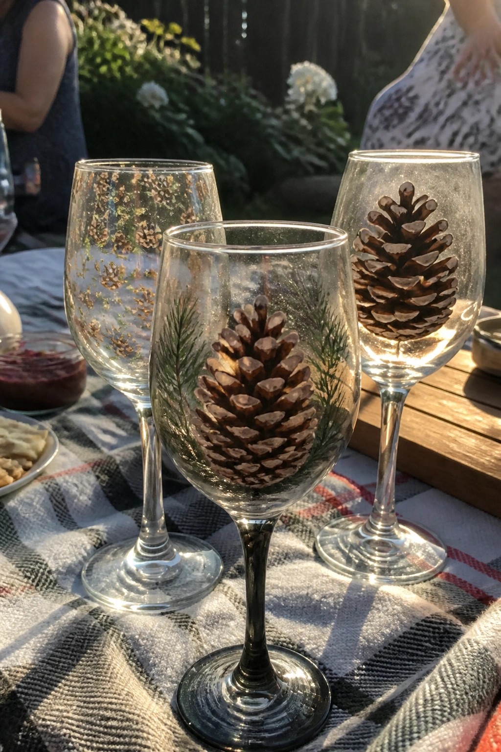 Three pinecone-decorated wine glasses on a plaid picnic blanket in sunlight.