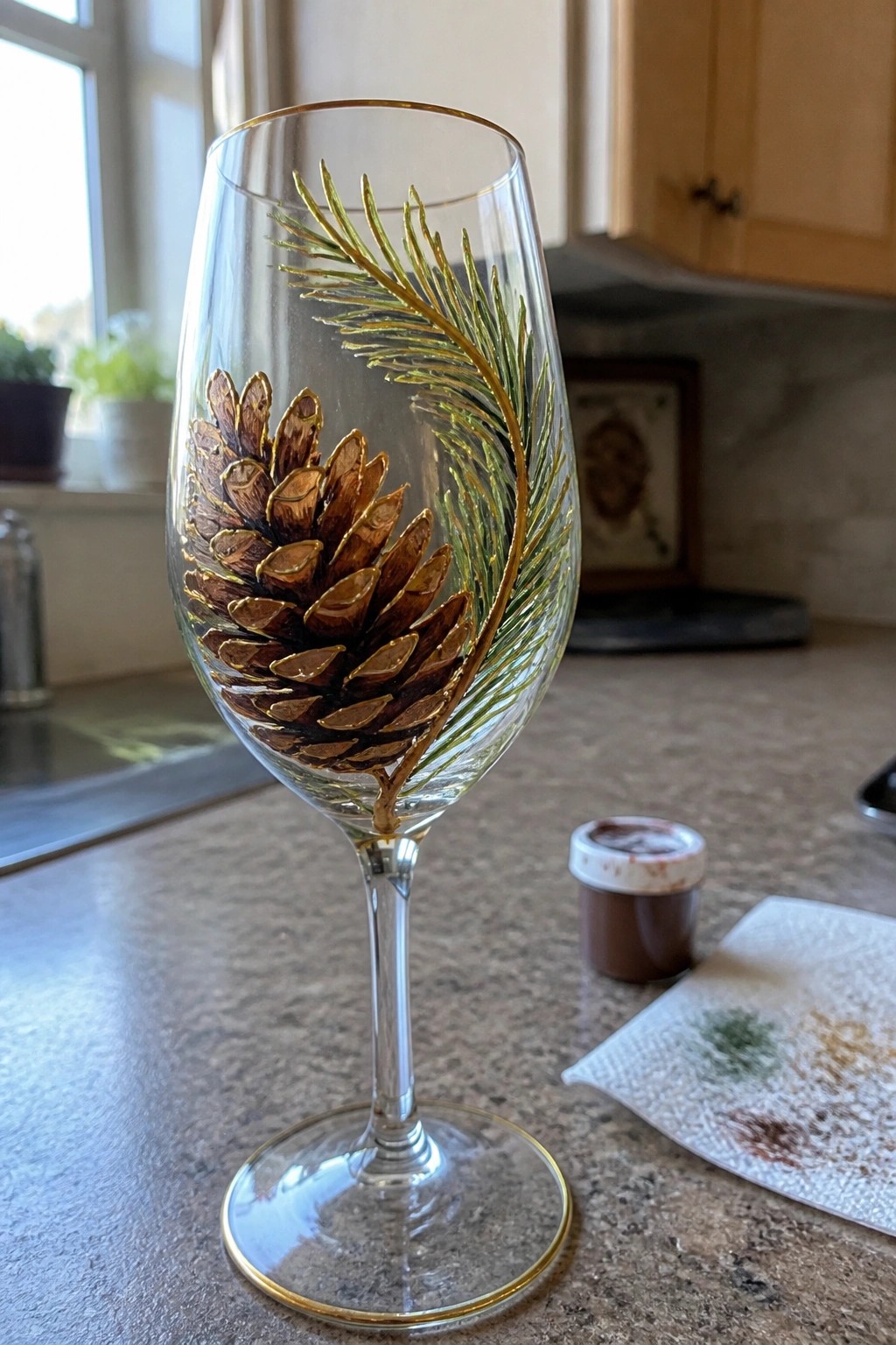 Decorated wine glass with brown pinecone and golden pine branch on countertop.