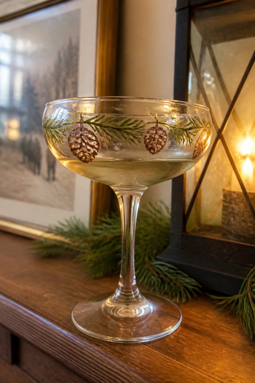 Decorated coupe glass with pine branches and cones holding pale liquid on wood table
