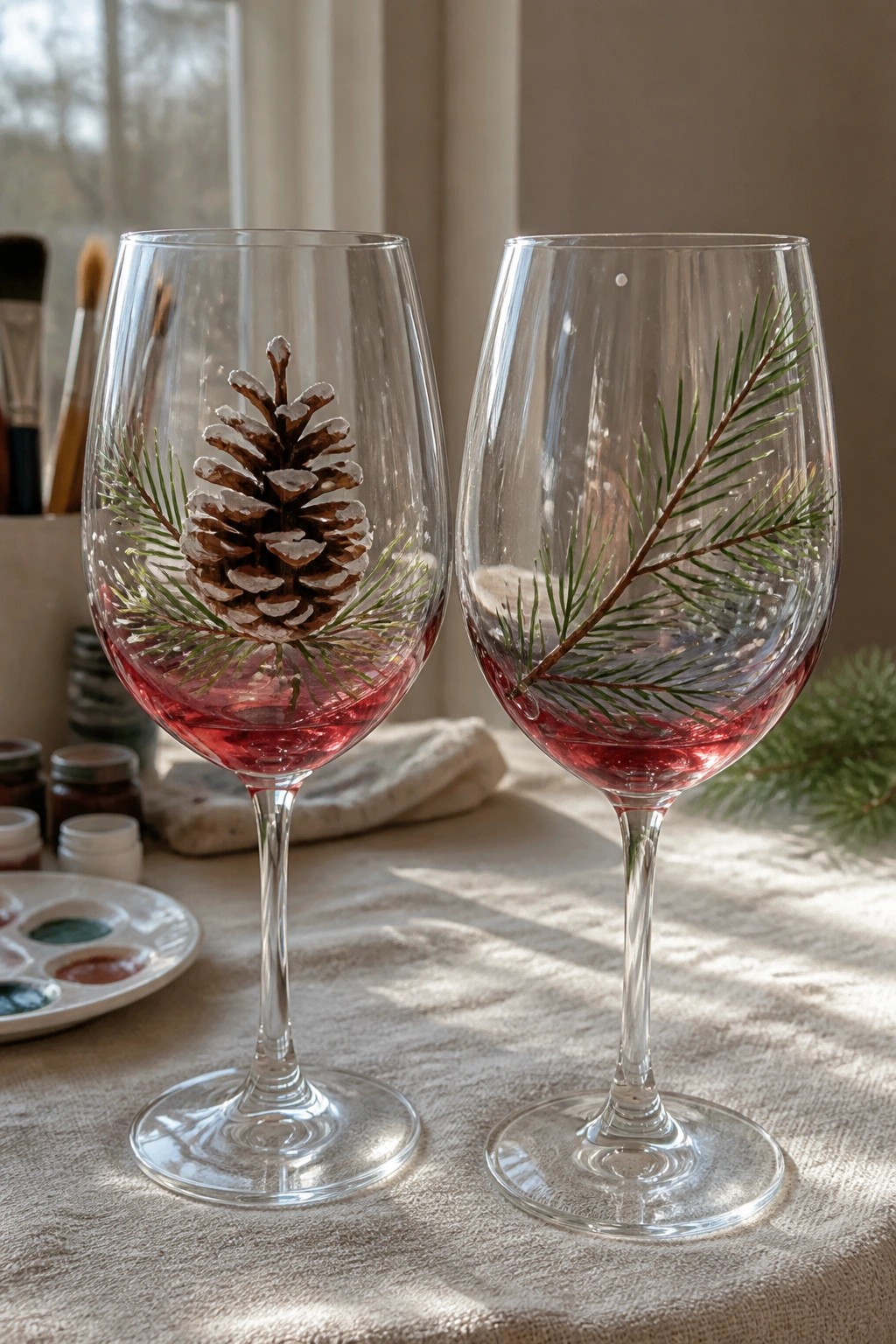 Two hand-painted wine glasses with pinecone and branch designs beside art supplies.
