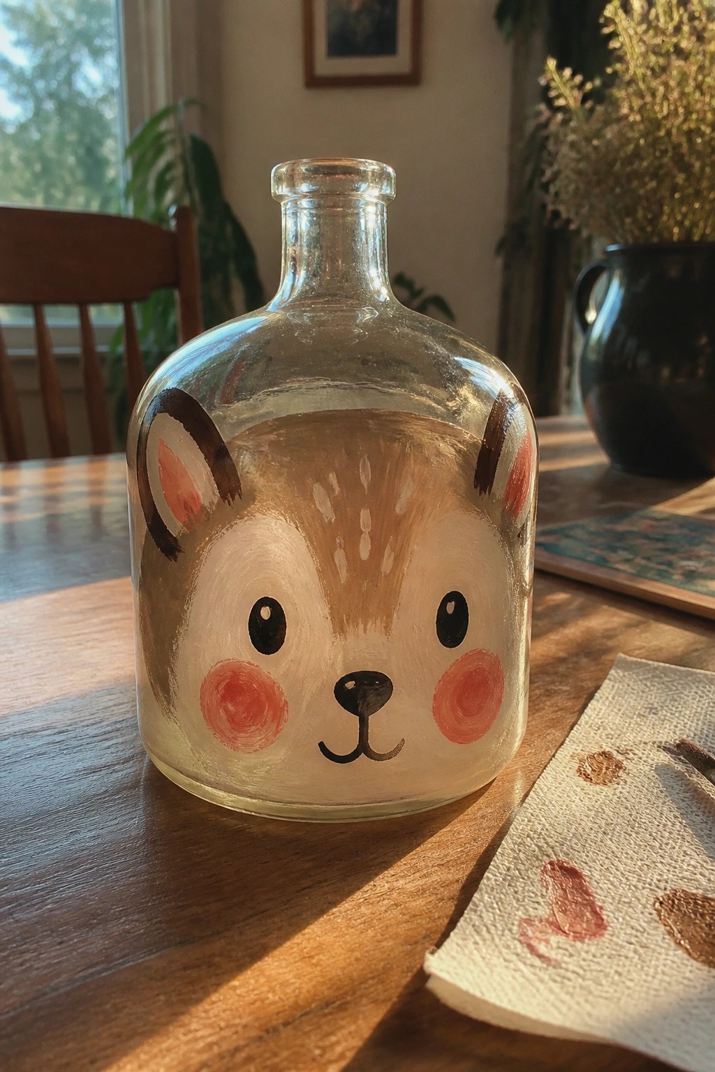 Painted glass bottle with cute bear face on sunlit wooden table