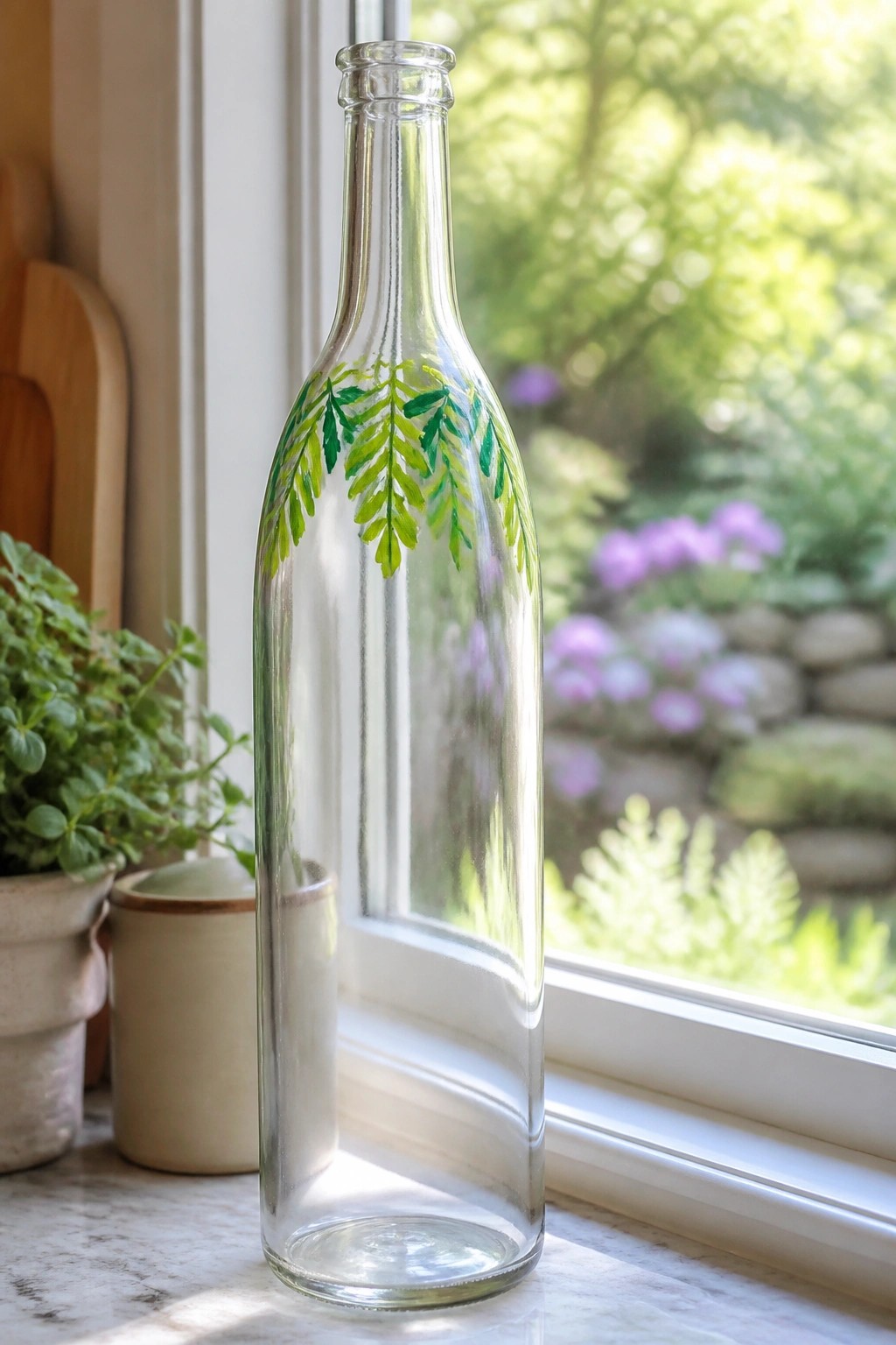 Clear glass bottle with green leaf painting on sunny windowsill overlooking garden