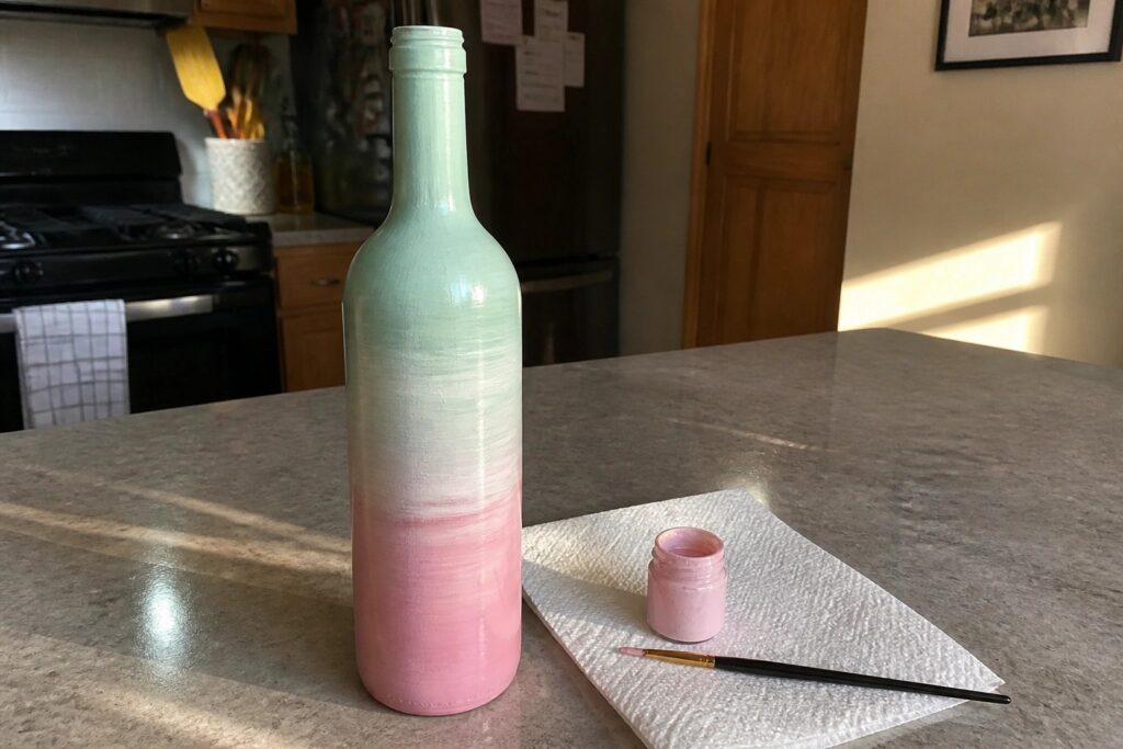 18 Simple Bottle Painting Ideas Using Acrylic Paint and Easy Techniques Ombre mint green to pink painted bottle with paint jar and brush on kitchen counter