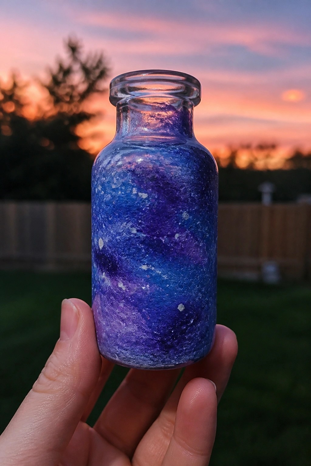 Hand holding small glass bottle painted with blue-purple galaxy swirls at sunset.