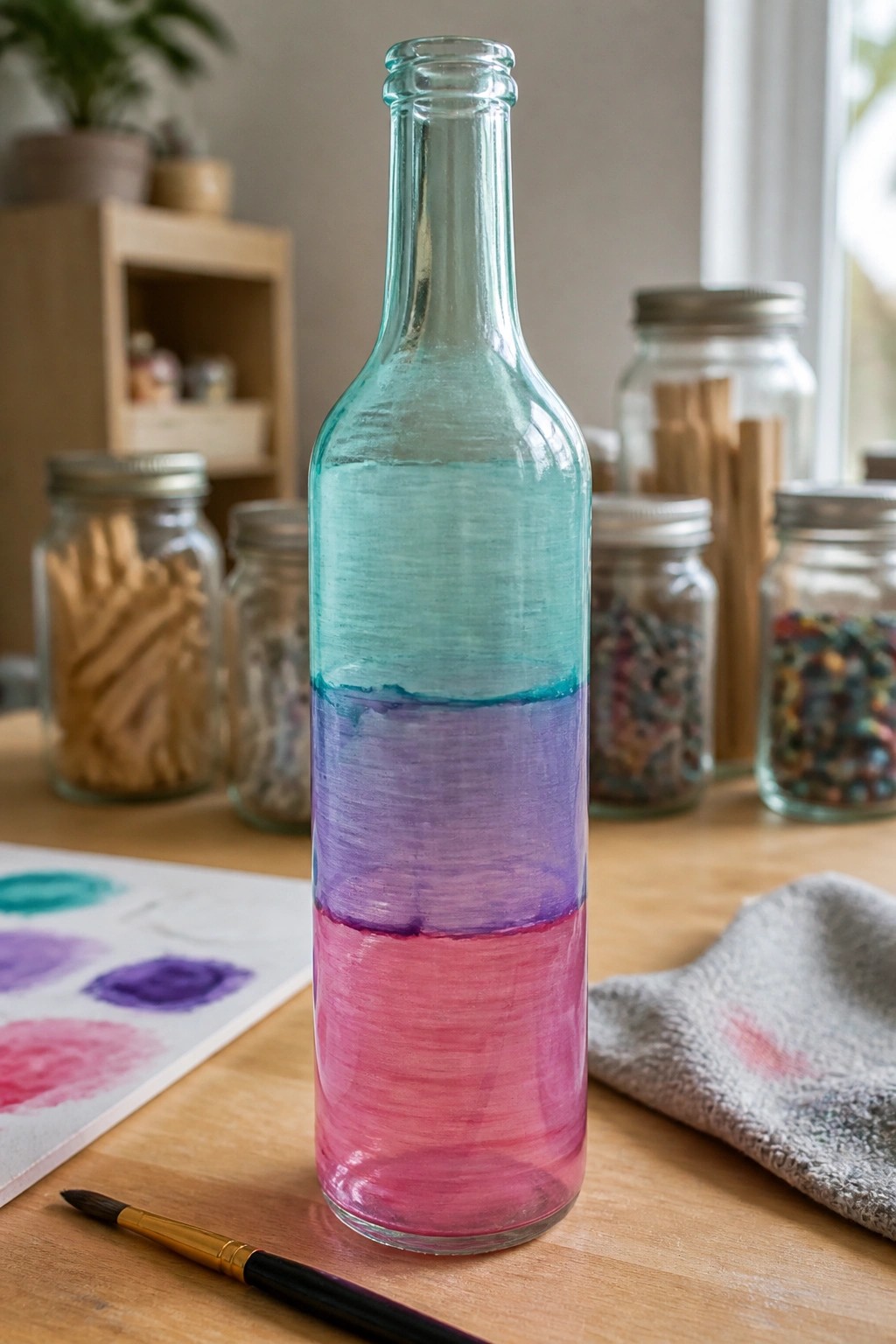 Glass bottle painted turquoise, purple, and pink on wooden table with supplies.