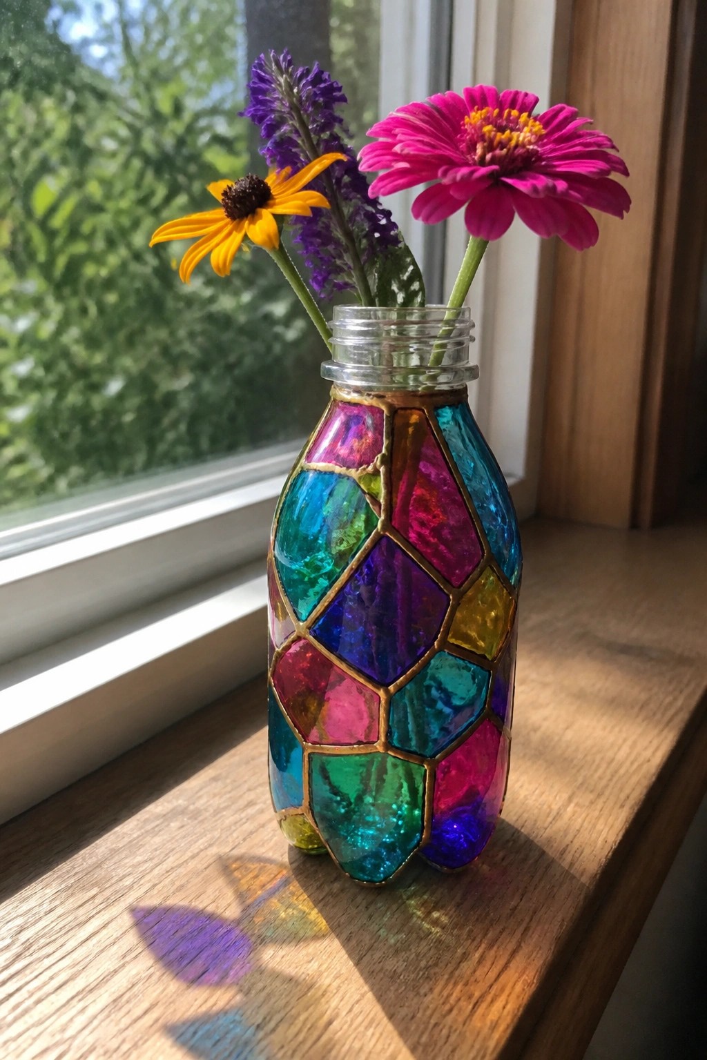 Colorful mosaic vase with pink, orange, and purple flowers on sunny windowsill