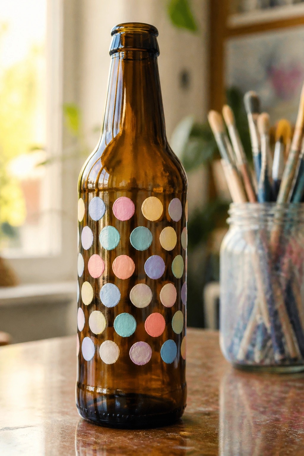 Brown glass bottle painted with pastel polka dots beside jar of brushes
