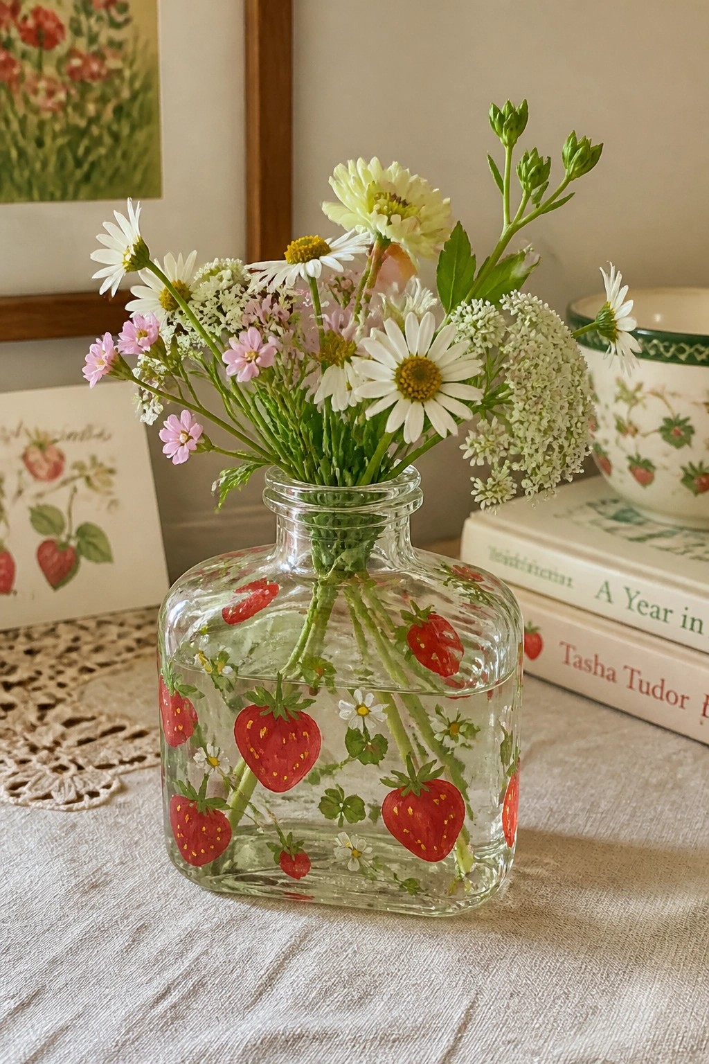 Strawberry-patterned glass vase holding daisies and wildflowers on linen table