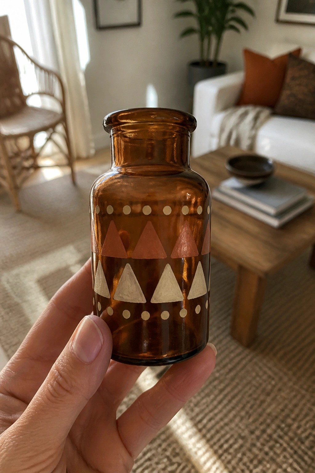Hand holding amber glass bottle with pink and white triangle patterns