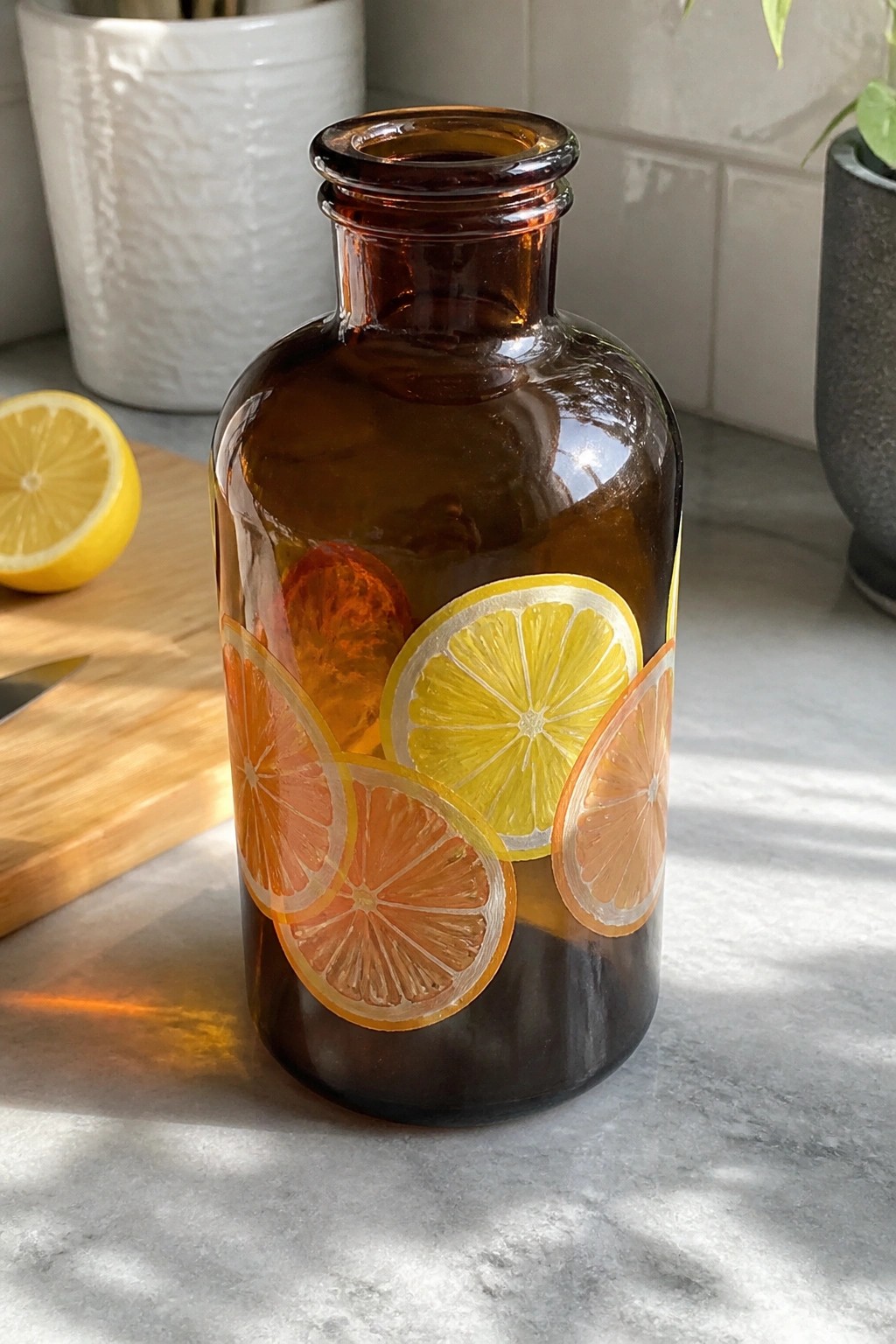 Amber bottle with painted citrus slices on marble kitchen counter beside lemon half
