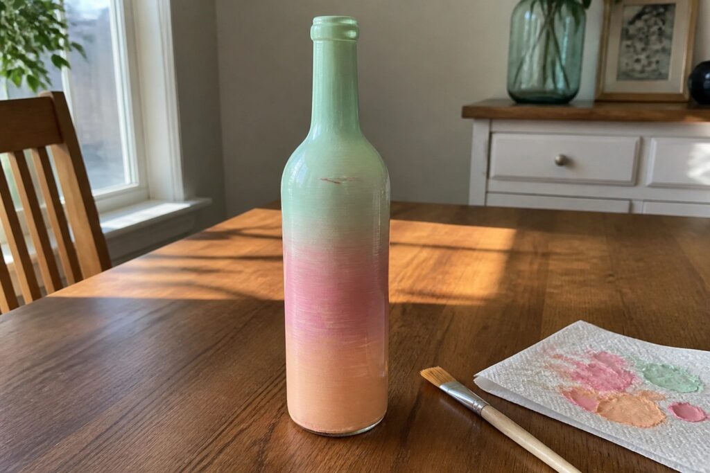 18 Simple Glass Bottle Painting Ideas That Look Handmade and Polished Mint green to pink gradient painted bottle on wooden table with brush