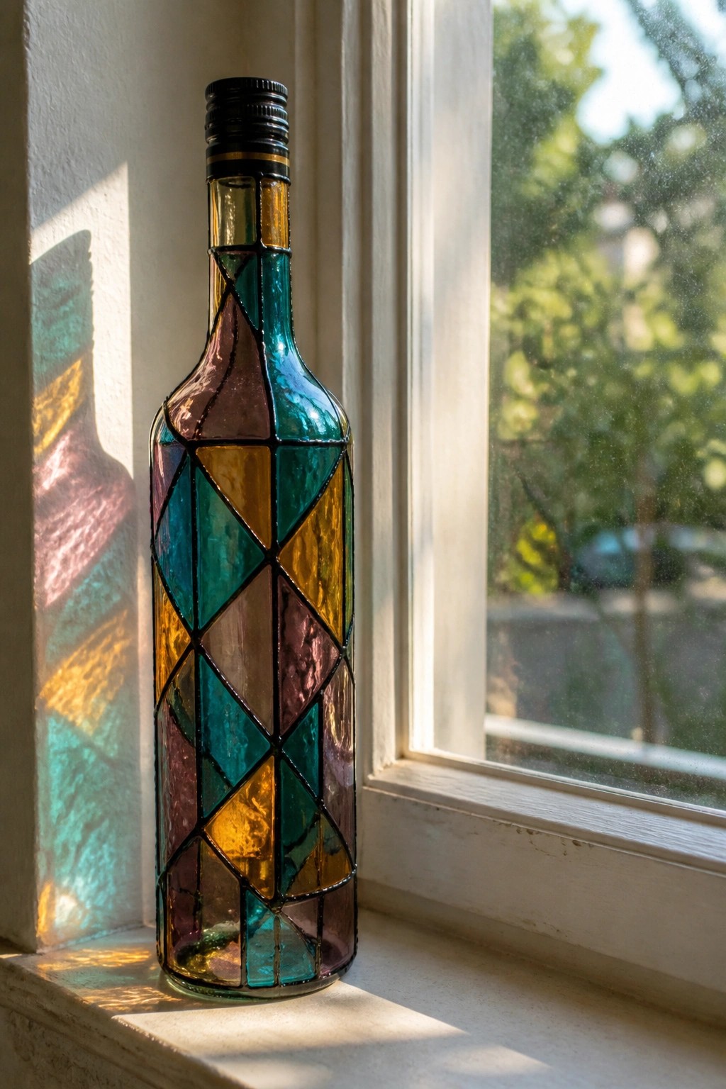 Vibrant stained glass bottle on sunny windowsill casting colorful shadows on wall